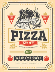 Classic style pizza menu design on vintage paper texture with pizza graphic and creative typography. Pizzeria retro vector flyer or poster design. Italian food ad illustration.