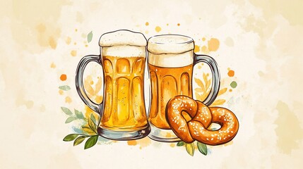 Oktoberfest watercolor illustration featuring beer mugs and pretzel