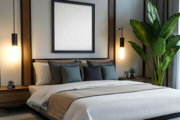 Chic modern bedroom featuring light decor and tropical plants