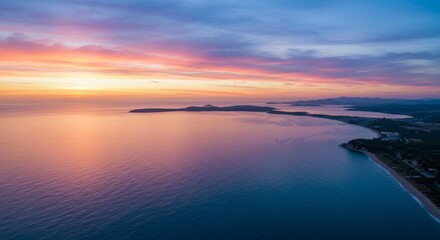 Serene coastal sunrise; pastel hues paint the sky and ocean, reflecting on calm waters, shoreline villages nestled in the landscape