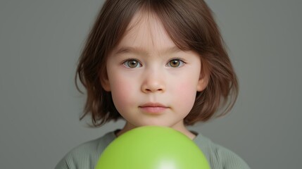 Close-up portrait of a young girl with shoulder-length brown hair. she is looking directly at the camera with a serious expression on her face.
