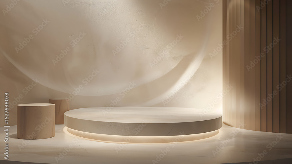 Poster minimalist product display podiums in neutral tones create a serene and elegant presentation space