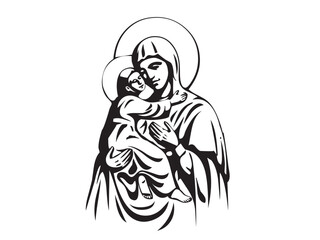 Vector isolated Mary Mother of Jesus with baby full body colorless black and white contour ink art engraving	
