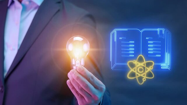 AI artificial intelligence, machine learning concept, big data, cloud computing, computer network and innovation technology. Businessman shows animated AI knowledge icon on virtual screen.