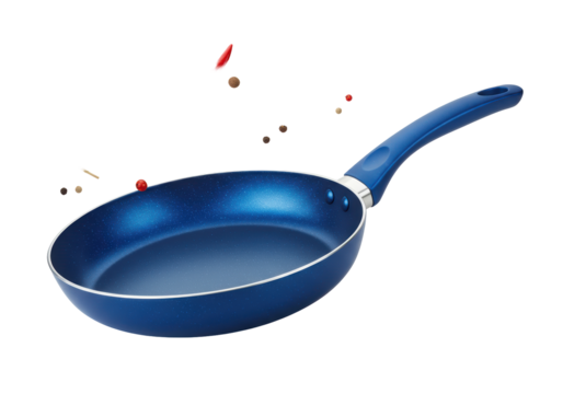 Isolated Blue Non-Stick Frying Pan with Floating Spices
