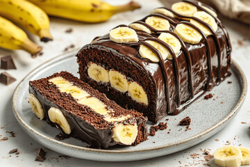 Homemade chocolate banana roll cake with spiral layers of rich sponge and creamy filling, beautifully styled dessert