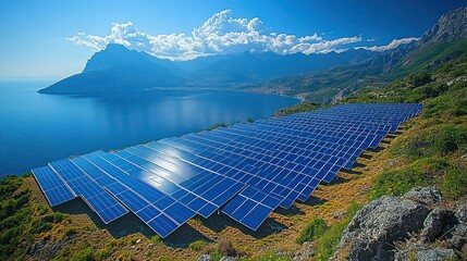 Solar panels on hillside overlooking the sea