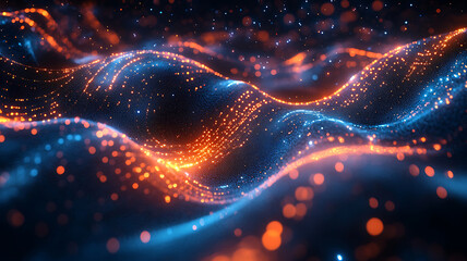 Abstract glowing digital wave formation with bright orange and blue particles