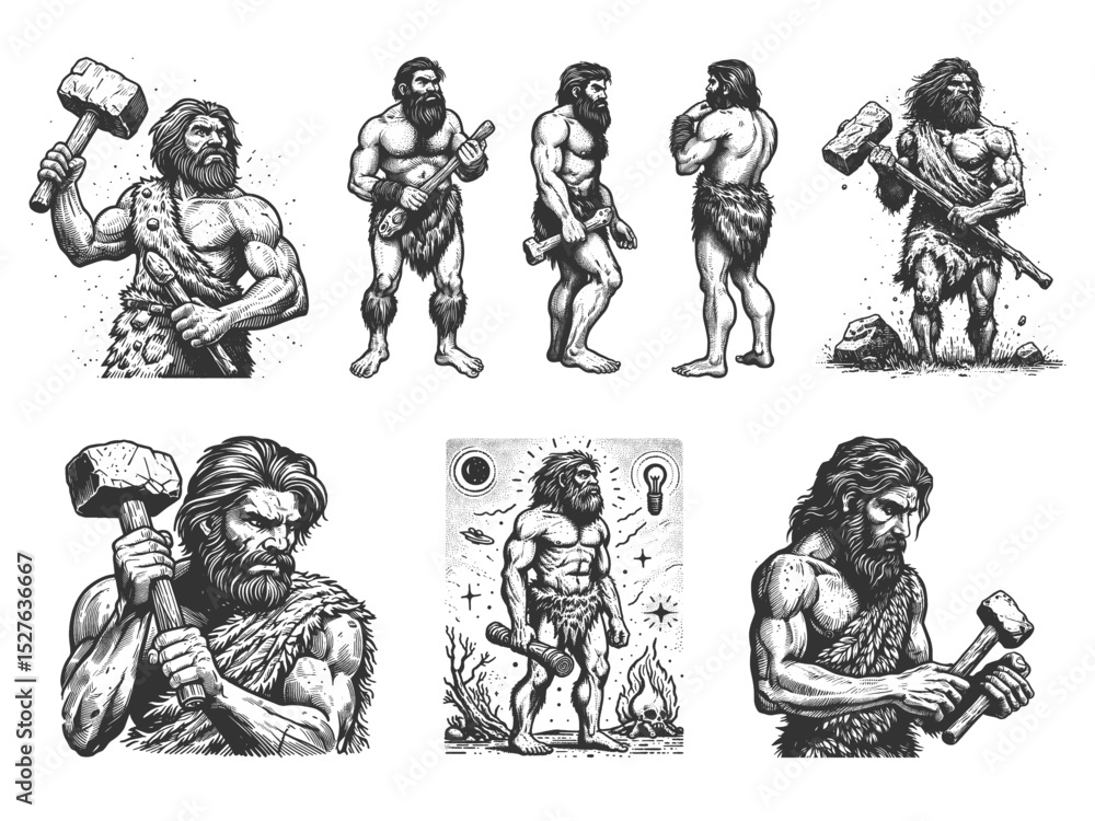 Poster caveman set collection bundle sketch engraving generative ai vector illustration. scratch board imit