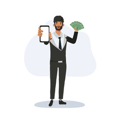 indian entrepreneur in suit displaying smartphone and holding money fan representing mobile income and digital finance