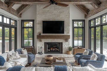 Modern family room with white oak stone fireplace, light blue and navy patterned armchairs, grey sofa, dark wood coffee table, rustic ceiling fan, and wall-mounted TV.