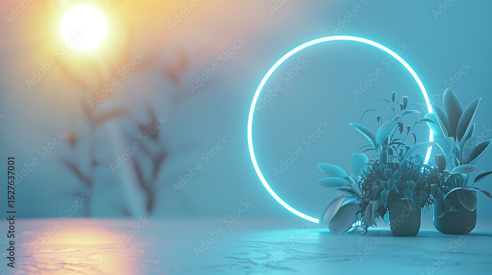Poster neon circle illuminates potted plants in a modern studio setting with a minimalist design and vibran
