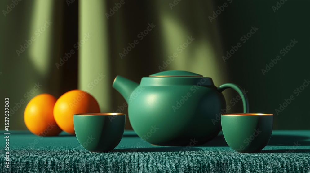 Aufkleber green teapot and two cups on a green tablecloth. the tea set is made of ceramic and has a spout and 