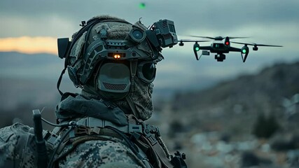 soldier standing on mountain controlling drone for aerial reconnaissance, concept of tactical equipment defense, technology, military industry - Powered by Adobe