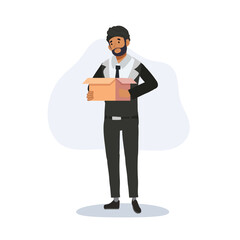 office layoff concept with indian corporate man carrying box.