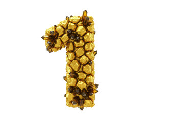 Isolated Number One Made of Gold Nuggets and Crystals
