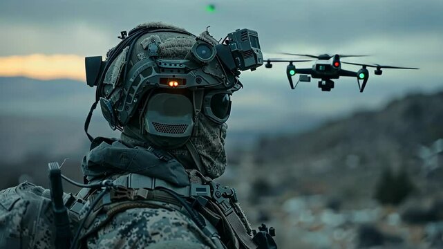 soldier standing on mountain controlling drone for aerial reconnaissance, concept of tactical equipment defense, technology, military industry