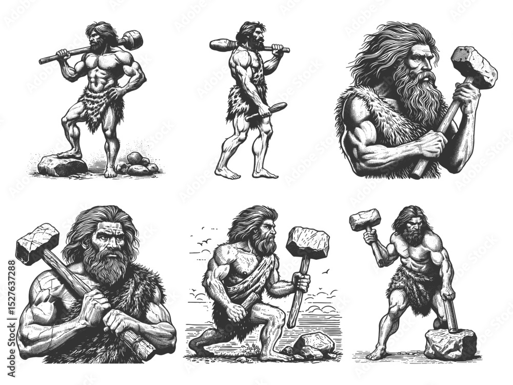 Aufkleber caveman set collection bundle sketch engraving generative ai vector illustration. scratch board imit