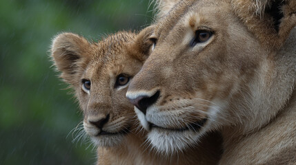 Obraz premium Portrait of a lion with cub.