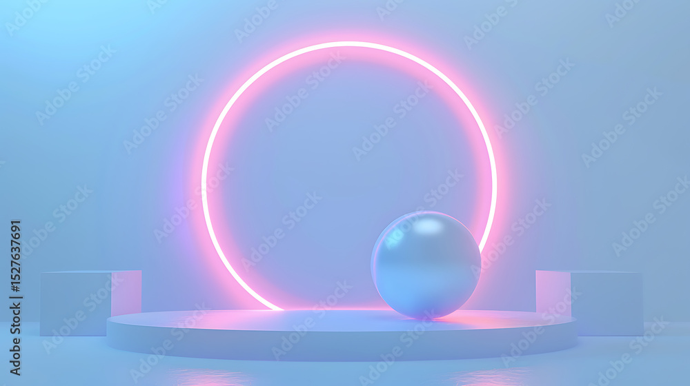 Poster a neon pink circle glows behind a reflective sphere on a round platform with two cubes on a blue bac
