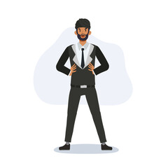 indian businessman confident man in business suit standing hands on hips. professional character cartoon style
