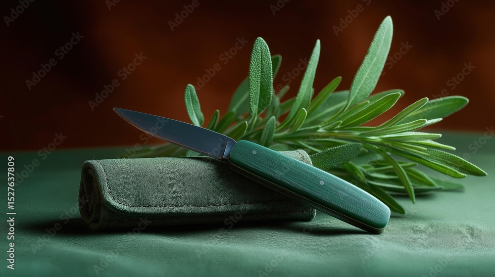 Aufkleber knife with a green handle resting on top of a green napkin. the knife has a sharp, pointed blade and