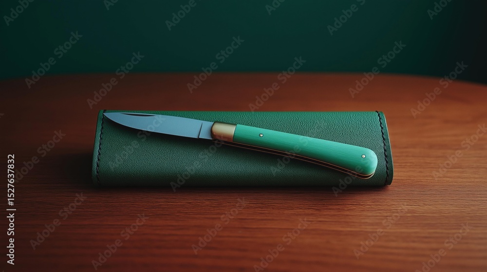 Poster knife resting on top of a green leather wallet. the wallet is rectangular in shape and has a zipper 