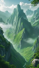 Majestic Green Mountainscape with Misty Valleys – Breathtaking Fantasy Nature Landscape