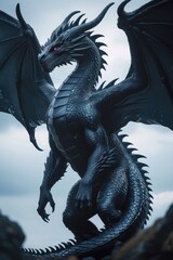 Majestic Black Dragon with Red Eyes – Powerful Fantasy Creature in Stormy Sky Setting
