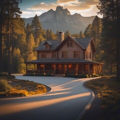 Rustic Mountain Cabin Retreat at Sunset – Cozy Two-Story Log Home in Forest Landscape