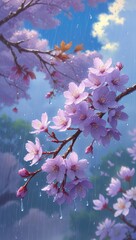 Cherry Blossom in Spring Rain – Serene Sakura Flowers with Raindrops Close-Up