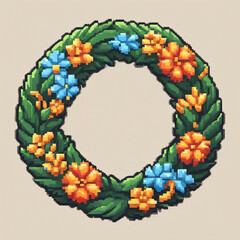 Colorful Retro Wreath Illustration, 8-Bit Style Ornament
