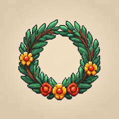Colorful Retro Wreath Illustration, 8-Bit Style Ornament

