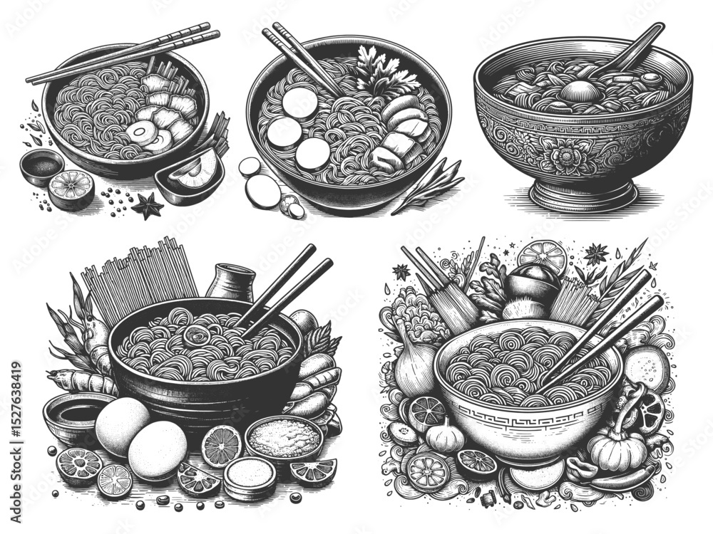 Poster ramen and noodle bowl set collection bundle sketch engraving generative ai vector illustration. scra