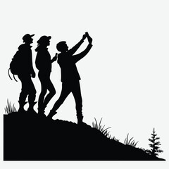 A group of friends taking a selfie on a hilltop silhouette design vector art and illustration