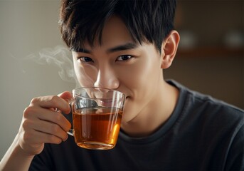 close up photo of an asian man drinking a glass of hot tea