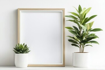 Tropical plant accented by a blank picture frame in a stylish white decor.