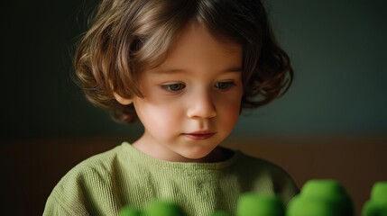 Close-up portrait of a young child, likely a toddler, with shoulder-length curly hair. the child is wearing a green sweater and is looking off to the side with a serious expression on their face.