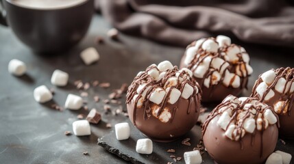 Cocoa bombs with marshmallows, chocolate that melts when hot milk is added for creating a trendy tasty drink.
