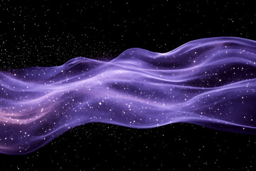 Abstract purple flowing wavy design with sparkling particles against a black starry background