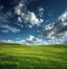 Obraz premium Vibrant spring meadow with green grassland under blue sky and sunlight, ideal for travel brochures, eco-friendly branding and landscape wall decor. 