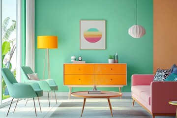 Obraz premium Stylish commode with an eye-catching lamp enhances the cheerful decor.