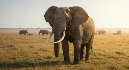 Obraz premium Majestic African elephant stands in grassland at sunrise, other elephants in the background