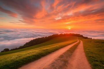 A Serene Sunset Over Rolling Hills and a Misty Valley