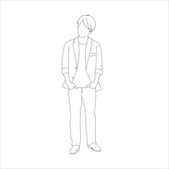 外で手をポケットに入れ、立って話を聞いている男性の線画イラスト