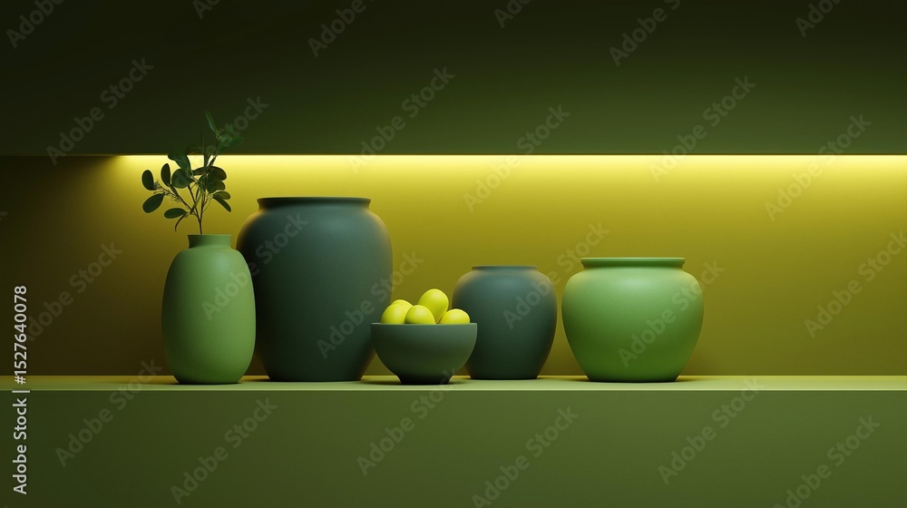 Poster group of five green vases arranged on a green shelf against a yellow wall. the vases are of differen