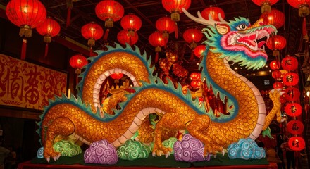 Obraz premium Large golden dragon with red lanterns