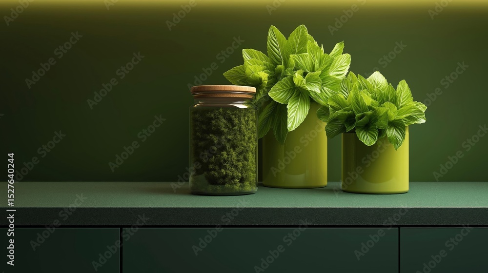 Poster three glass jars on a green countertop. the jars are of different sizes and shapes, with the largest