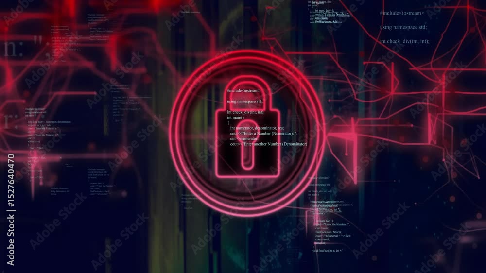 Poster padlock outline initiating red lines tracing connections, pulsing into solid lock showing security