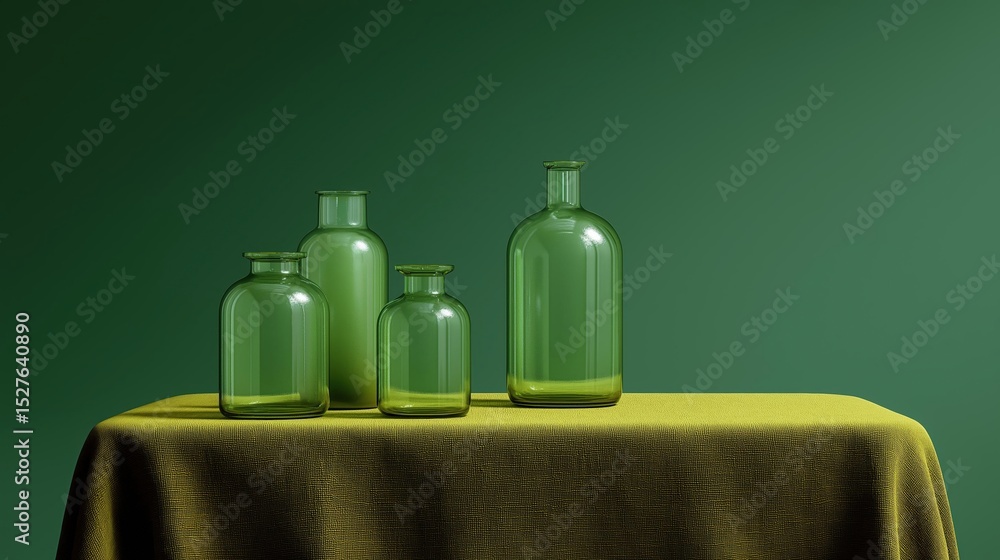 Poster group of four glass bottles arranged on a yellow tablecloth. the bottles are of different sizes and 